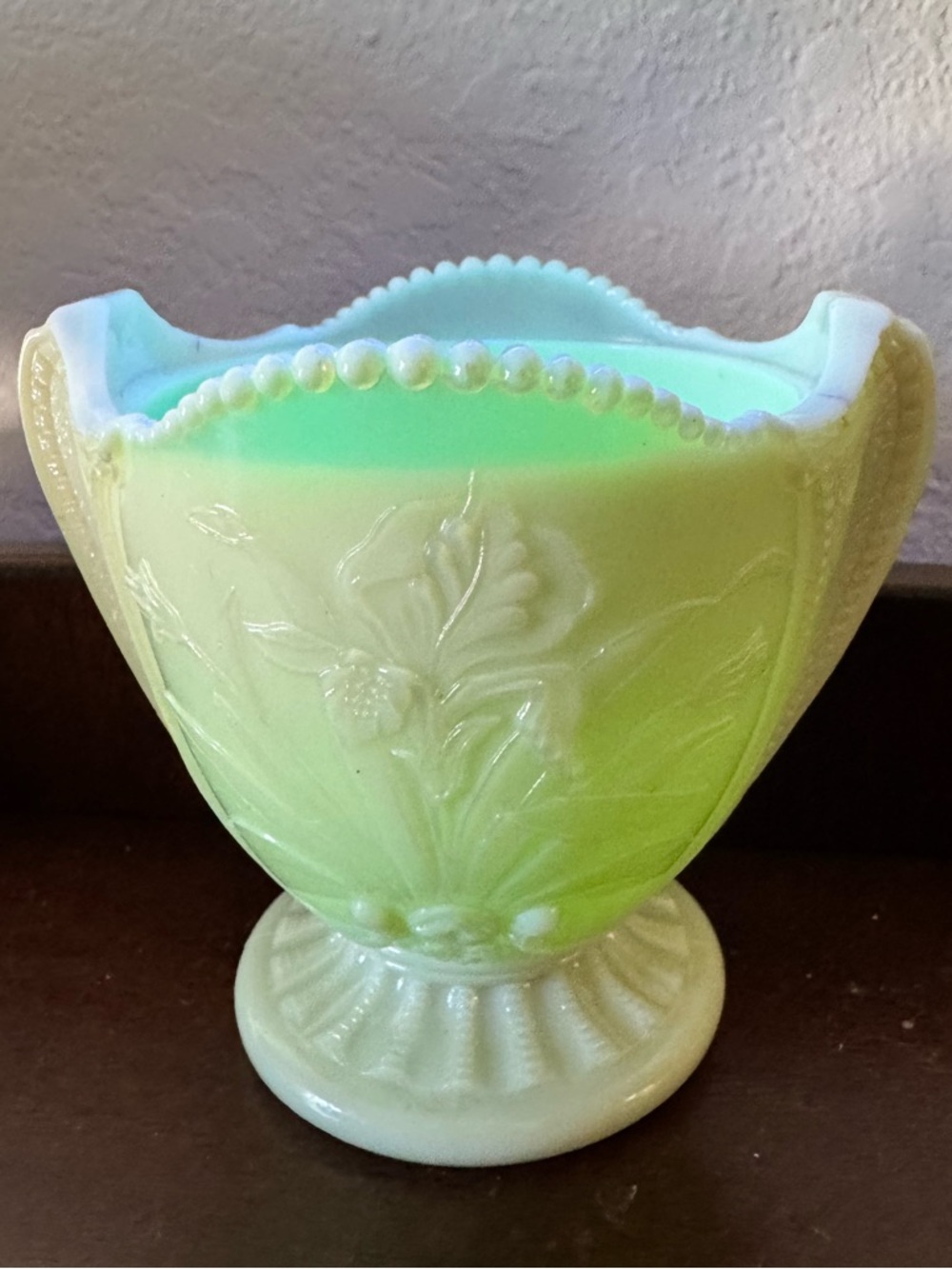 EAPG Northwood Glass Custard Vaseline Uranium Iris Floral Vase Bowl